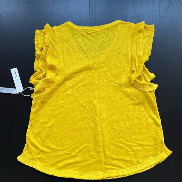NEW ! CHICO'S Mustard Yellow Linen Ruffled Sleeveless Top - sz 12 (chicos 2) - Picture 6 of 8